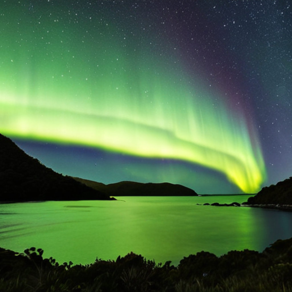 **Image Prompt:** A stunning nightscape of Stewart Island (Rakiura), New Zealand, showcasing the Aurora Australis (Southern Lights) dancing across a sky filled with stars. Minimal light pollution, emphasizing the remote and natural beauty.
