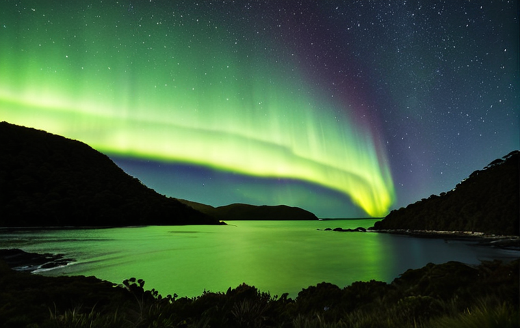 **Image Prompt:** A stunning nightscape of Stewart Island (Rakiura), New Zealand, showcasing the Aurora Australis (Southern Lights) dancing across a sky filled with stars. Minimal light pollution, emphasizing the remote and natural beauty.