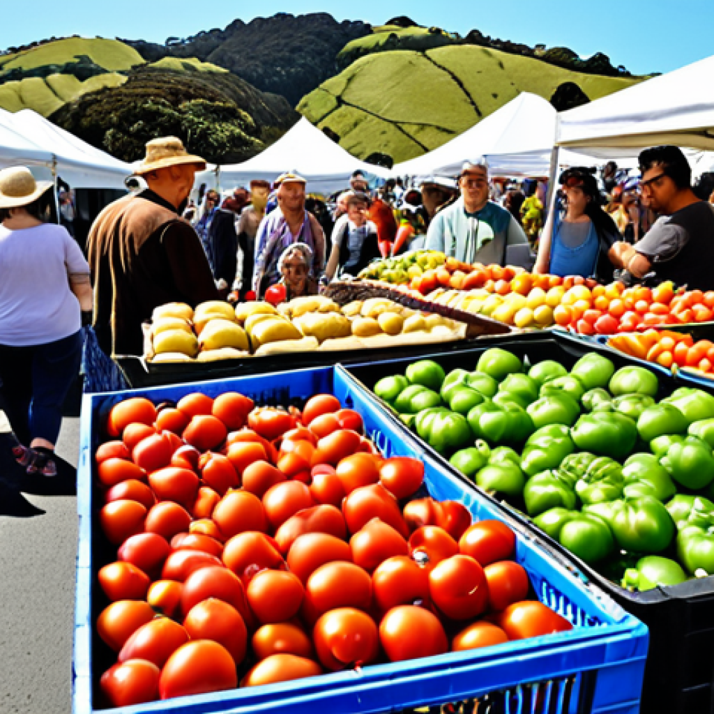 **

Prompt: Vibrant farmers market in Auckland, New Zealand. Focus on fresh produce, especially colorful tomatoes. A friendly tomato farmer interacts with customers. People browsing stalls, enjoying a sunny weekend morning. Background: rolling hills, bustling atmosphere.

**