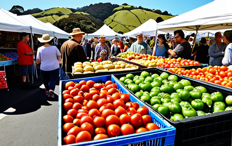**
Prompt: Vibrant farmers market in Auckland, New Zealand. Focus on fresh produce, especially colorful tomatoes. A friendly tomato farmer interacts with customers. People browsing stalls, enjoying a sunny weekend morning. Background: rolling hills, bustling atmosphere.
**