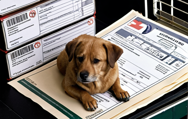 **A highly detailed image capturing the intricate process of pet import to New Zealand. A calm yet slightly weary dog (or cat) sits beside a stack of official-looking documents, health certificates, and a travel crate. In the background, subtly blurred, are hints of an airplane and the distinct silhouette of New Zealand. The overall mood should convey the challenge and precision of the biosecurity regulations set by MPI, with elements like a microchip or a "Live Animal" label visible, symbolizing the rigorous preparation required.**
